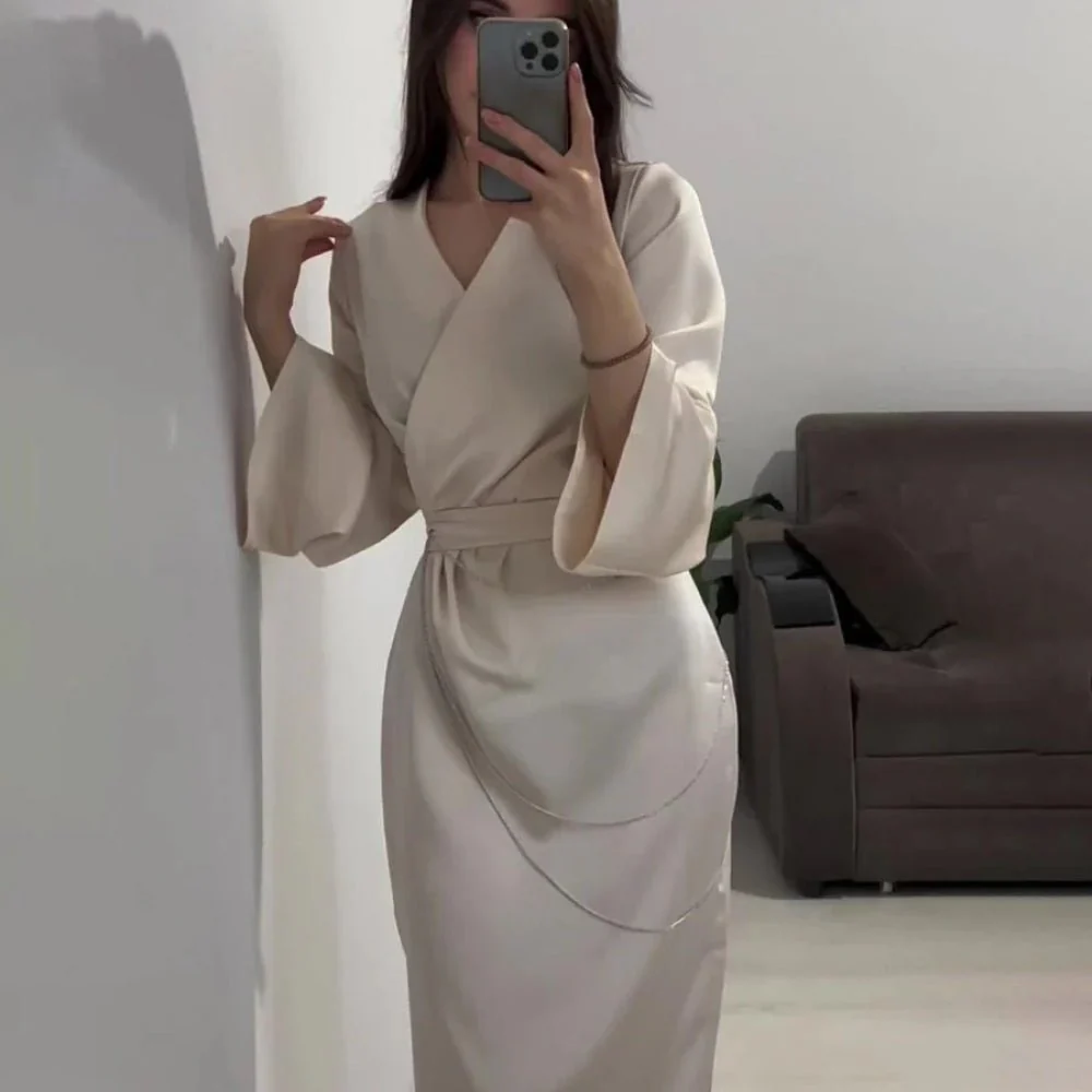 Elegant Satin Maxi Dress Abaya with Waist Chains V-Neck Long Sleeve Solid Color Dresses(MA204) - Image 15