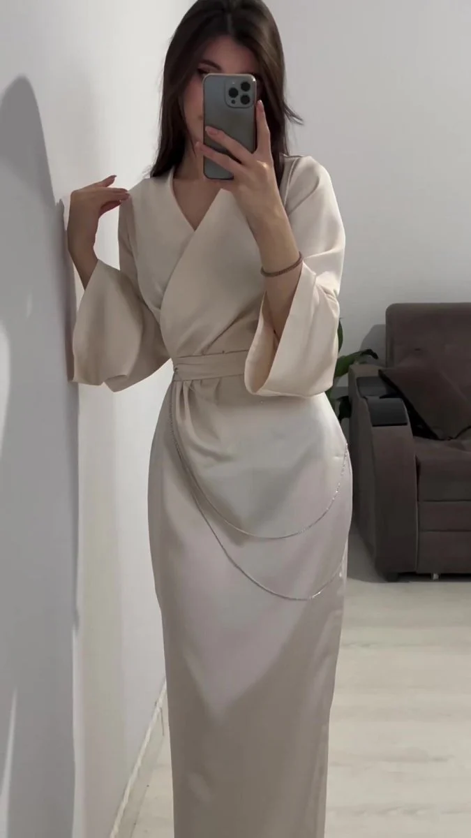 Elegant Satin Maxi Dress Abaya with Waist Chains V-Neck Long Sleeve Solid Color Dresses(MA204) - Image 16