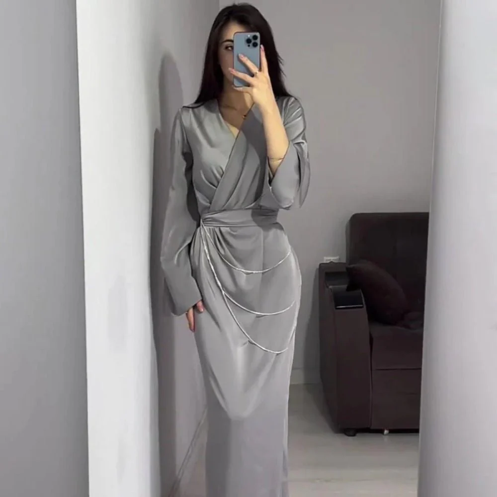 Elegant Satin Maxi Dress Abaya with Waist Chains V-Neck Long Sleeve Solid Color Dresses(MA204) - Image 17