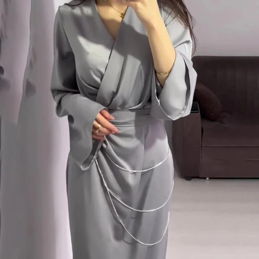 Elegant Satin Maxi Dress Abaya with Waist Chains V-Neck Long Sleeve Solid Color Dresses(MA204) - Image 18