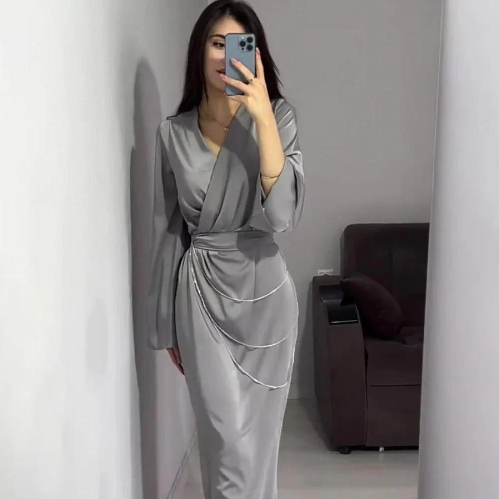 Elegant Satin Maxi Dress Abaya with Waist Chains V-Neck Long Sleeve Solid Color Dresses(MA204) - Image 19