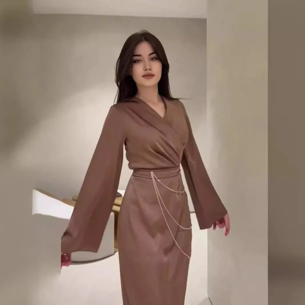 Elegant Satin Maxi Dress Abaya with Waist Chains V-Neck Long Sleeve Solid Color Dresses(MA204) - Image 2