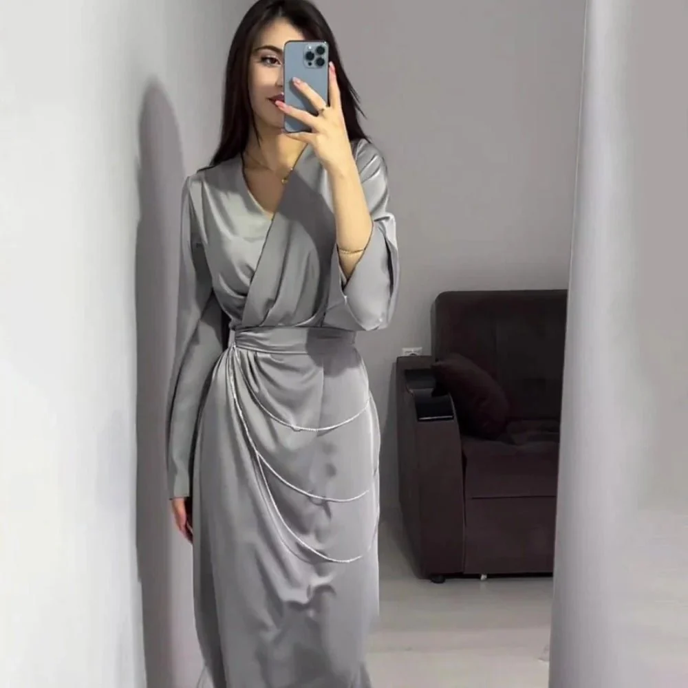 Elegant Satin Maxi Dress Abaya with Waist Chains V-Neck Long Sleeve Solid Color Dresses(MA204) - Image 20