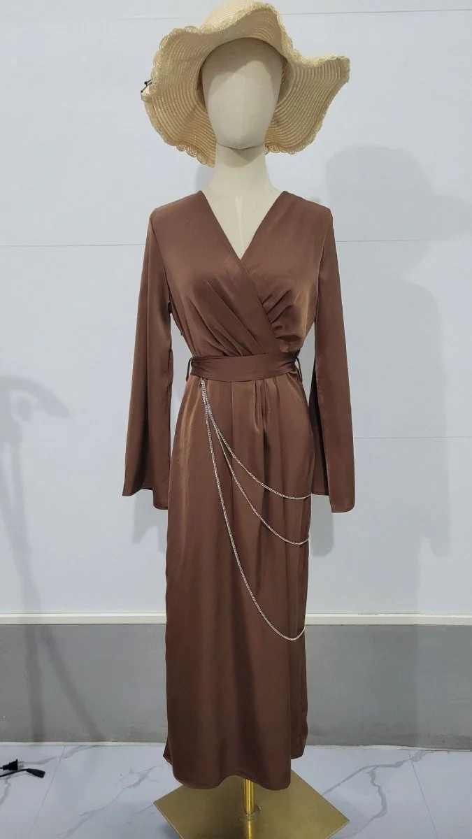 Elegant Satin Maxi Dress Abaya with Waist Chains V-Neck Long Sleeve Solid Color Dresses(MA204) - Image 21