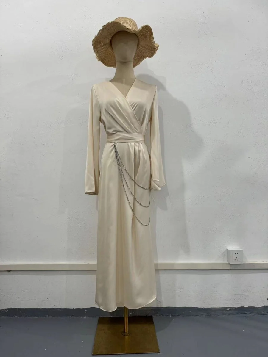 Elegant Satin Maxi Dress Abaya with Waist Chains V-Neck Long Sleeve Solid Color Dresses(MA204) - Image 22