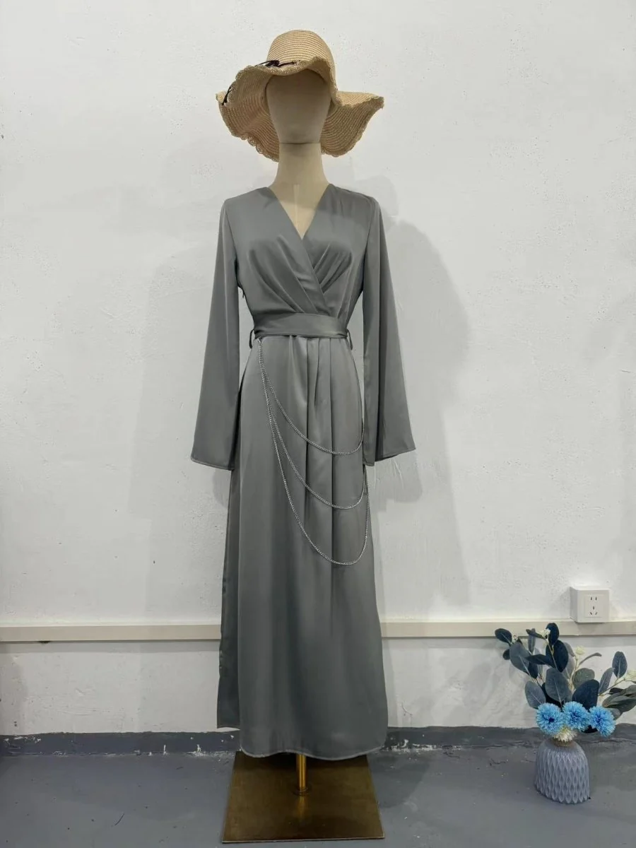 Elegant Satin Maxi Dress Abaya with Waist Chains V-Neck Long Sleeve Solid Color Dresses(MA204) - Image 23