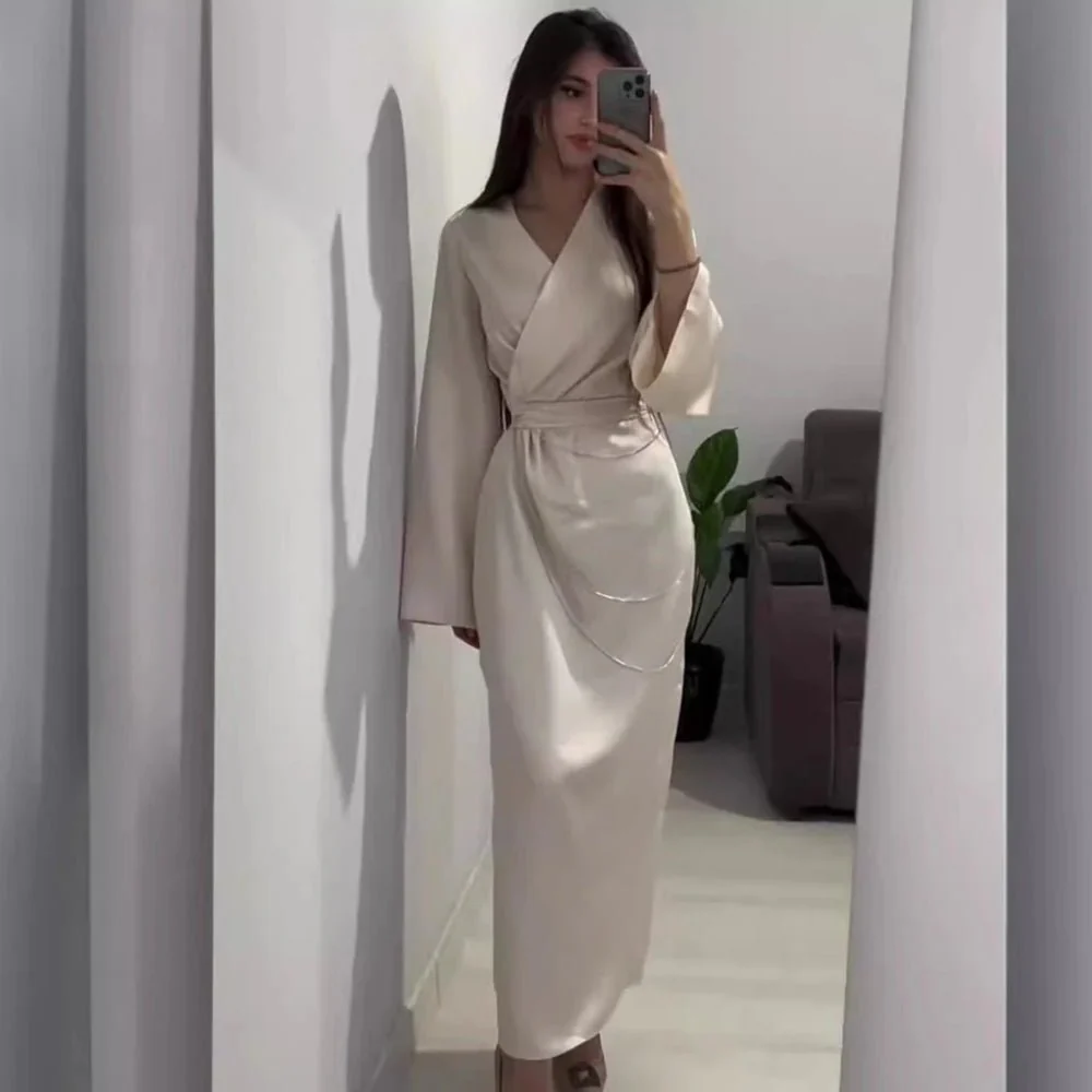 Elegant Satin Maxi Dress Abaya with Waist Chains V-Neck Long Sleeve Solid Color Dresses(MA204) - Image 3