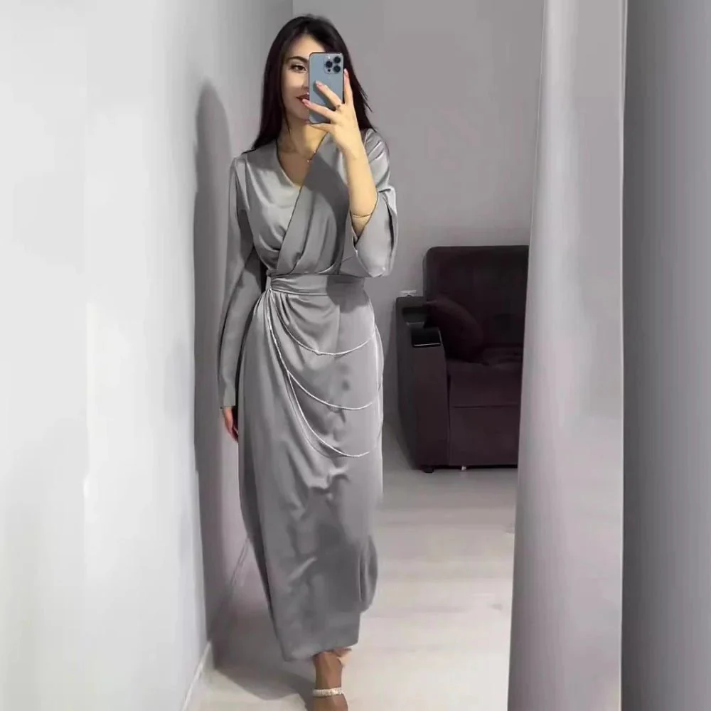 Elegant Satin Maxi Dress Abaya with Waist Chains V-Neck Long Sleeve Solid Color Dresses(MA204) - Image 4