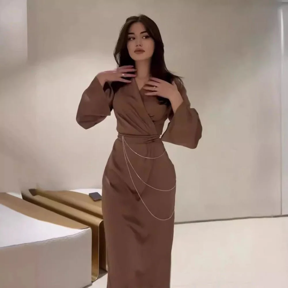 Elegant Satin Maxi Dress Abaya with Waist Chains V-Neck Long Sleeve Solid Color Dresses(MA204) - Image 5