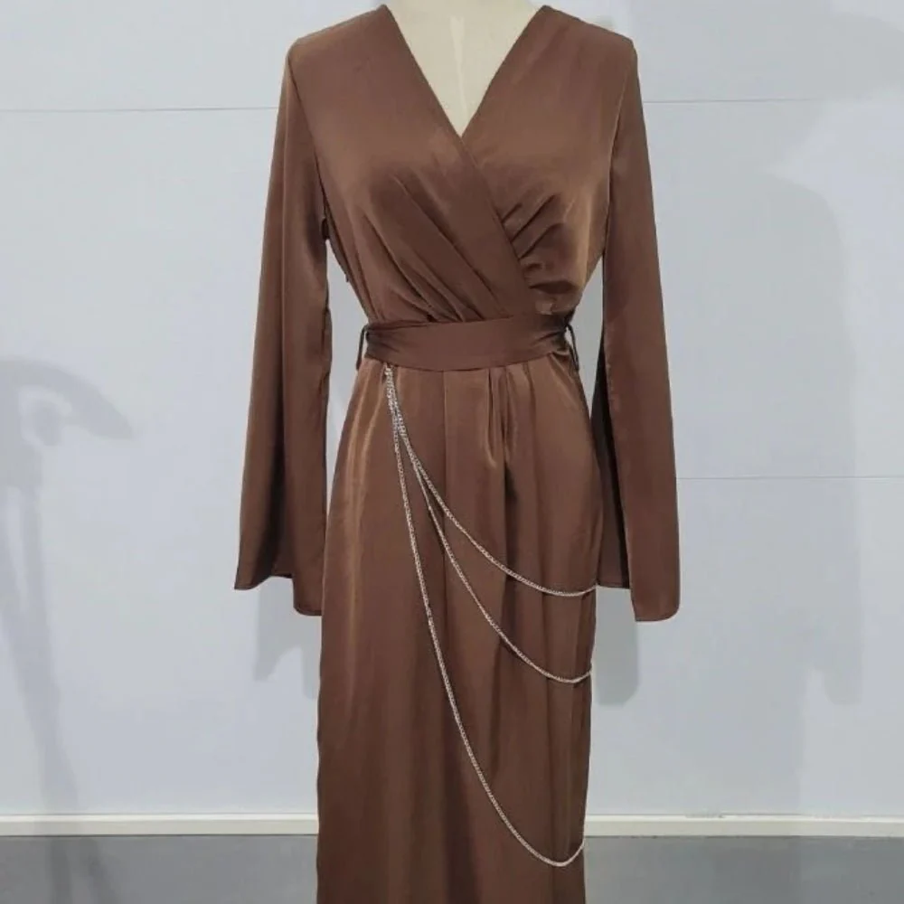 Elegant Satin Maxi Dress Abaya with Waist Chains V-Neck Long Sleeve Solid Color Dresses(MA204) - Image 6