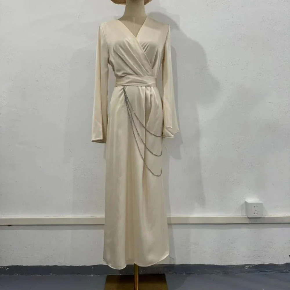 Elegant Satin Maxi Dress Abaya with Waist Chains V-Neck Long Sleeve Solid Color Dresses(MA204) - Image 7