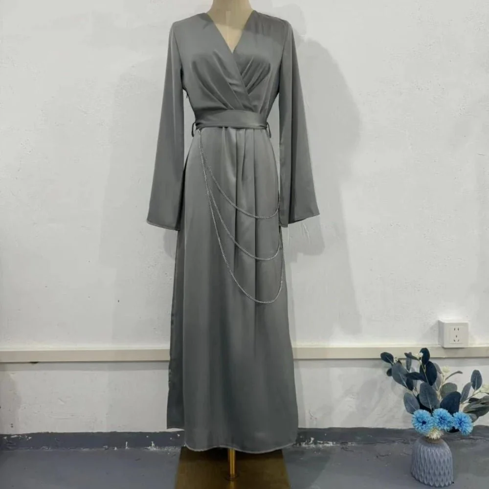 Elegant Satin Maxi Dress Abaya with Waist Chains V-Neck Long Sleeve Solid Color Dresses(MA204) - Image 8
