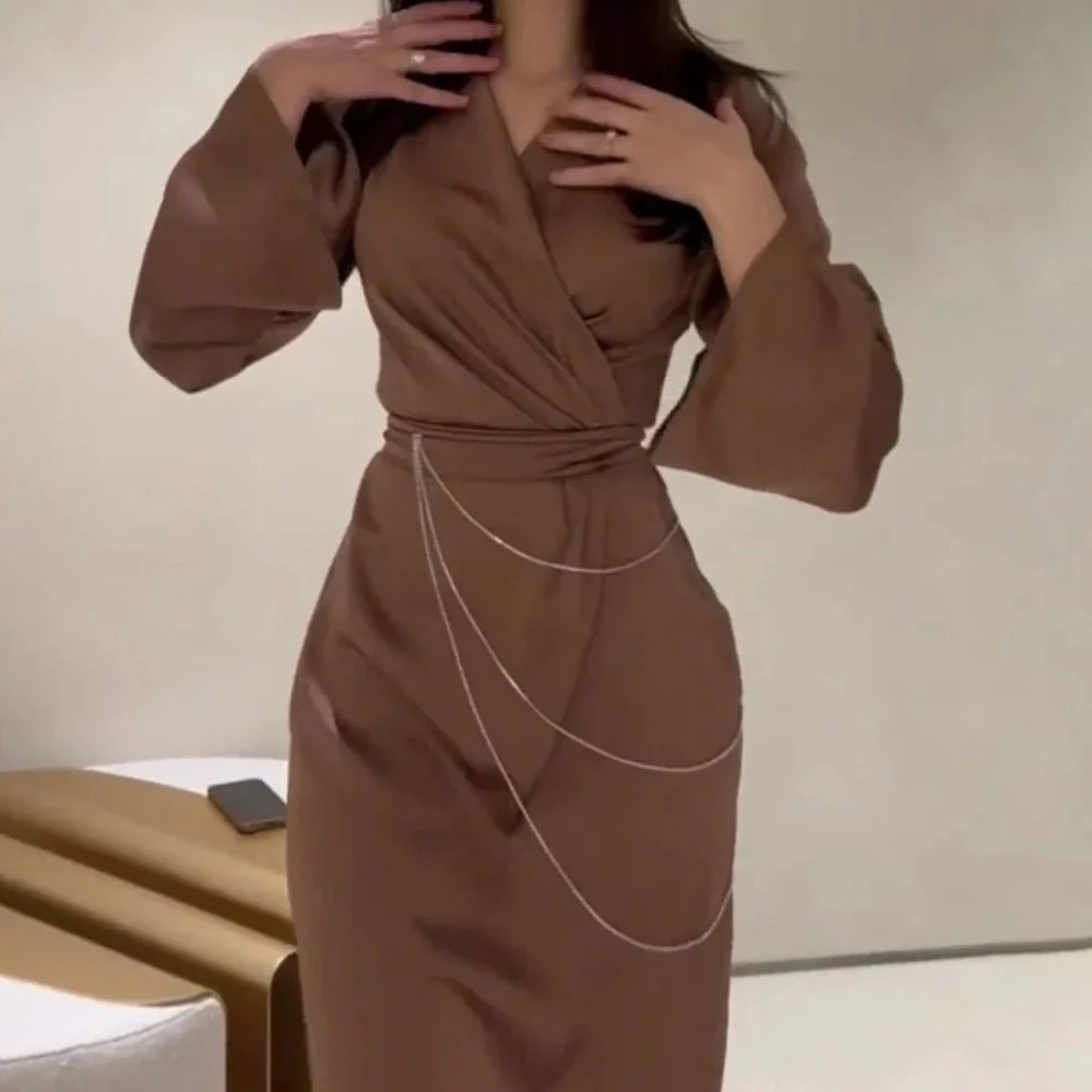 Elegant Satin Maxi Dress Abaya with Waist Chains V-Neck Long Sleeve Solid Color Dresses(MA204) - Image 9