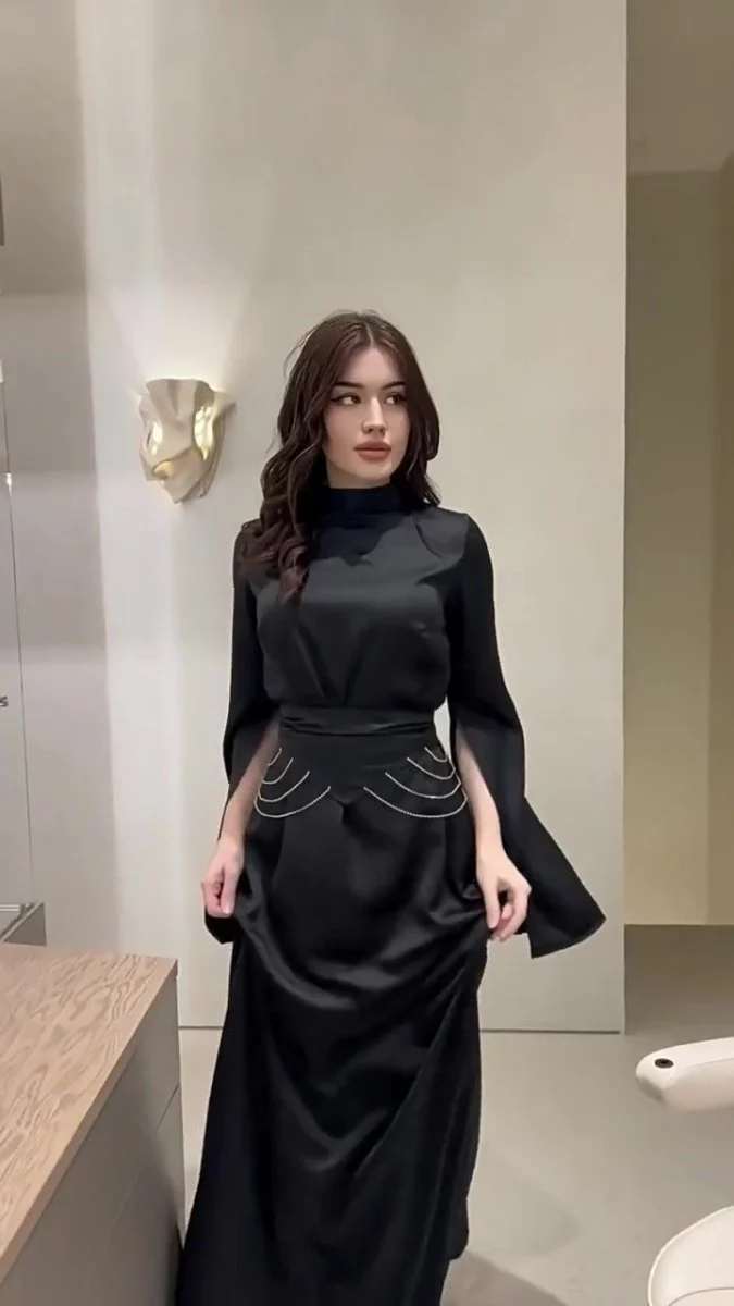 Elegant Semi-Turtleneck Long Sleeve Spring Court-Style Satin Dress Abaya(MA194) - Image 10