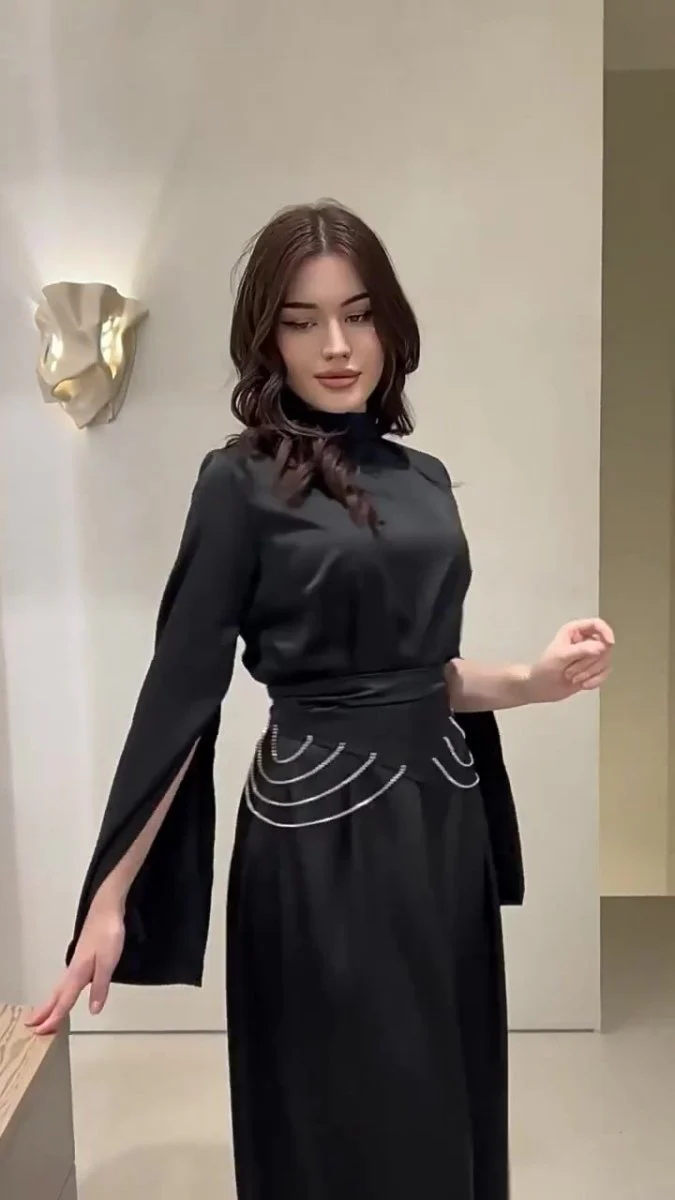 Elegant Semi-Turtleneck Long Sleeve Spring Court-Style Satin Dress Abaya(MA194) - Image 11