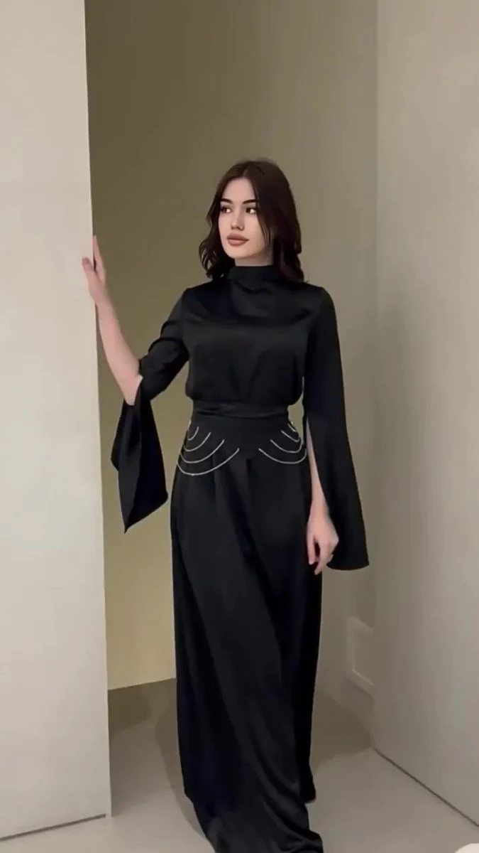 Elegant Semi-Turtleneck Long Sleeve Spring Court-Style Satin Dress Abaya(MA194) - Image 12