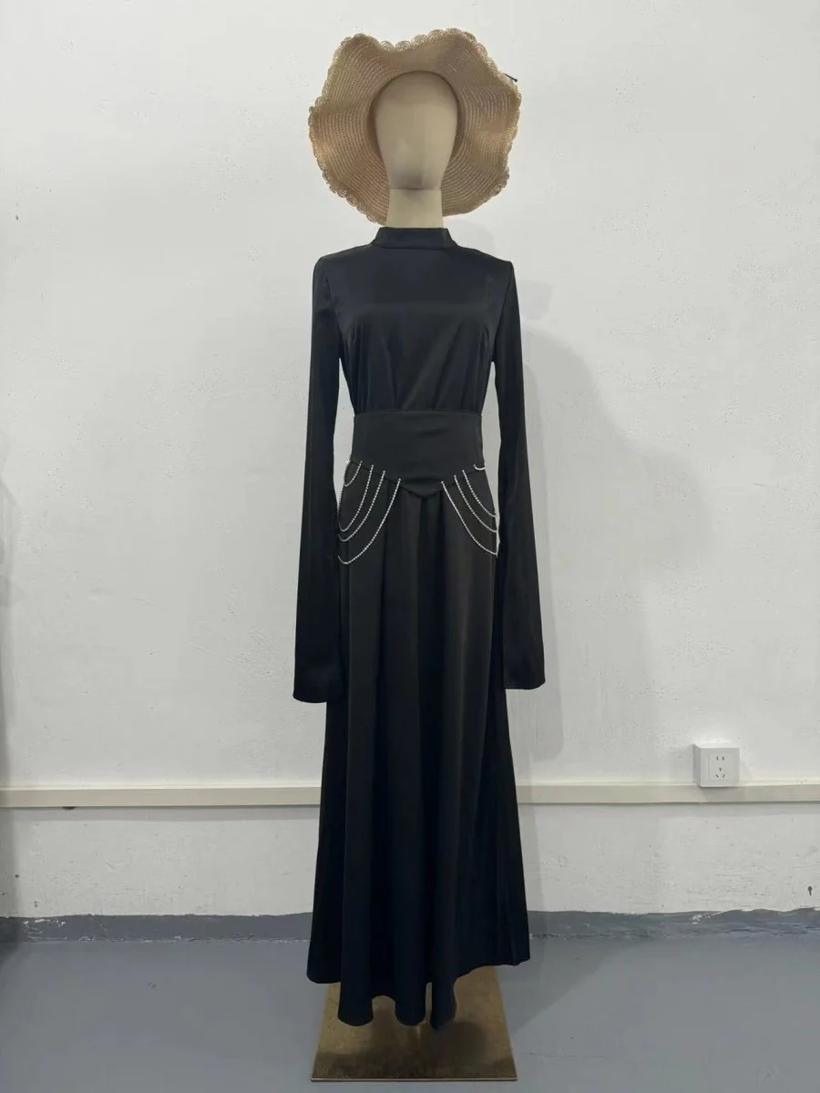 Elegant Semi-Turtleneck Long Sleeve Spring Court-Style Satin Dress Abaya(MA194) - Image 13