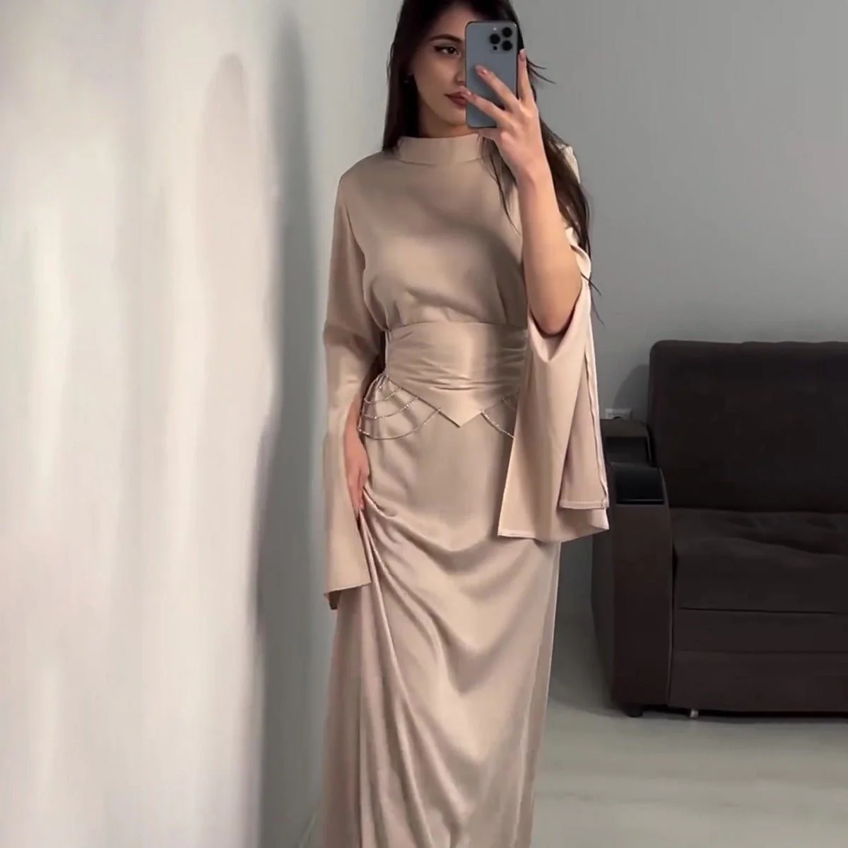 Elegant Semi-Turtleneck Long Sleeve Spring Court-Style Satin Dress Abaya(MA194) - Image 3