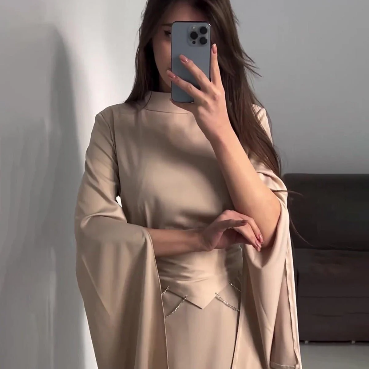 Elegant Semi-Turtleneck Long Sleeve Spring Court-Style Satin Dress Abaya(MA194) - Image 4