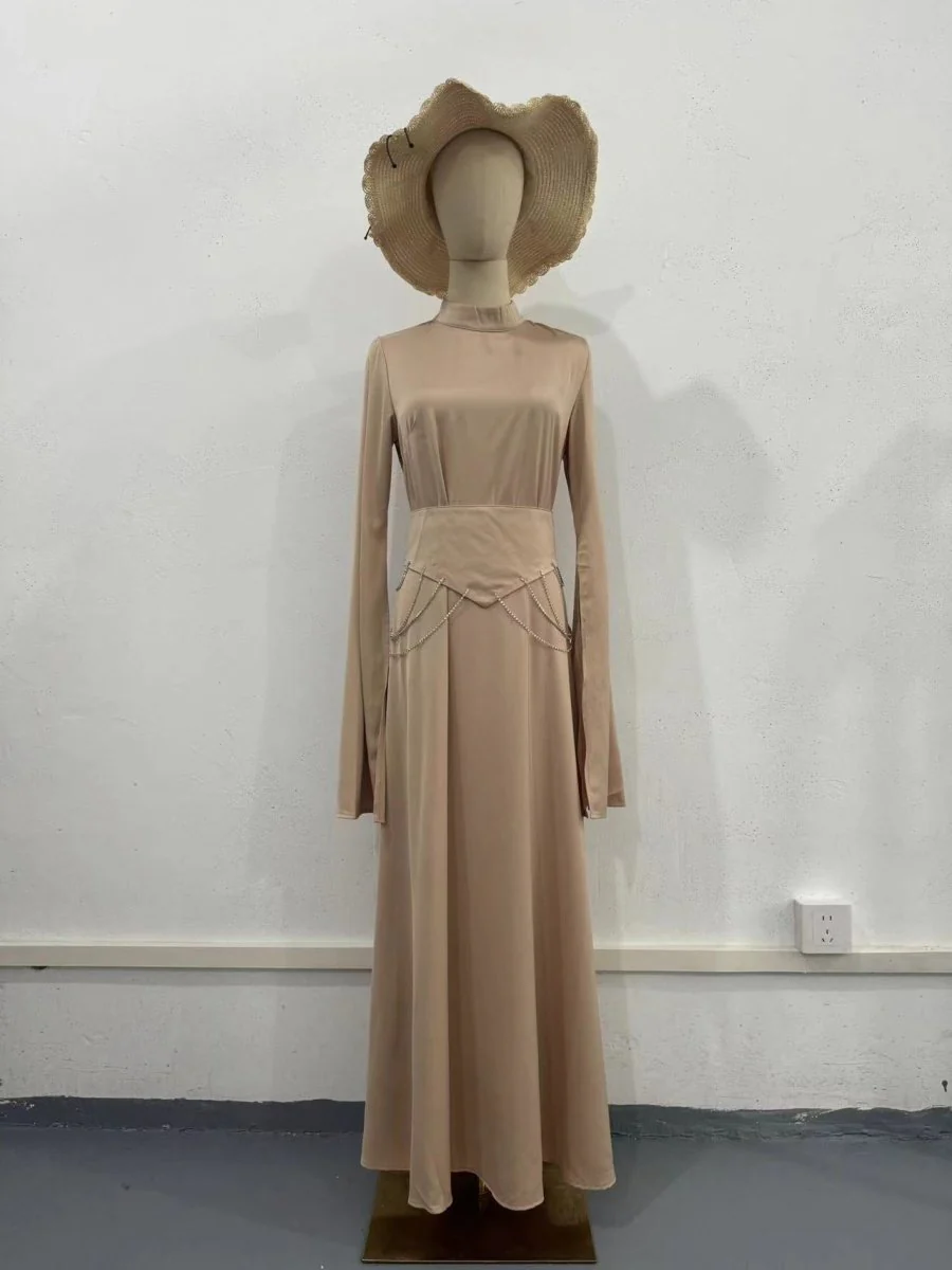 Elegant Semi-Turtleneck Long Sleeve Spring Court-Style Satin Dress Abaya(MA194) - Image 5