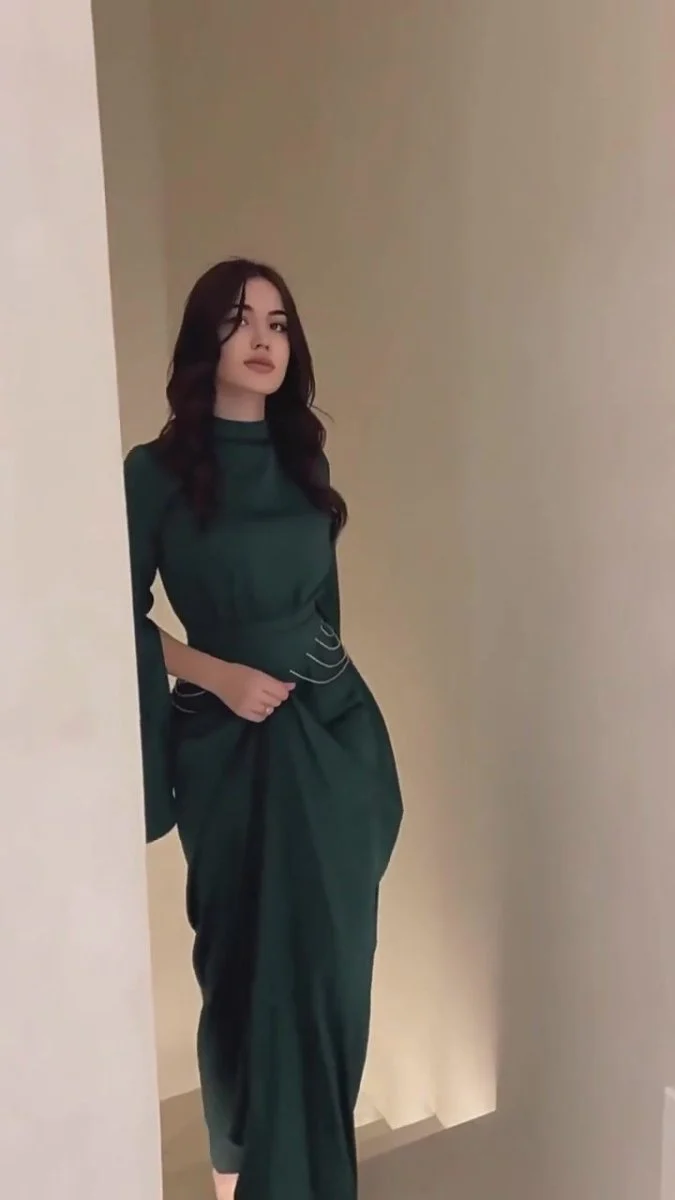 Elegant Semi-Turtleneck Long Sleeve Spring Court-Style Satin Dress Abaya(MA194) - Image 7