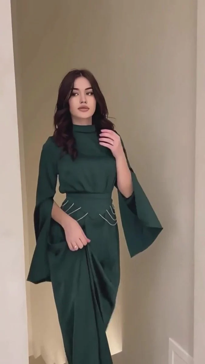 Elegant Semi-Turtleneck Long Sleeve Spring Court-Style Satin Dress Abaya(MA194) - Image 8