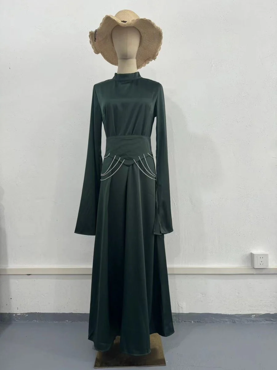 Elegant Semi-Turtleneck Long Sleeve Spring Court-Style Satin Dress Abaya(MA194) - Image 9