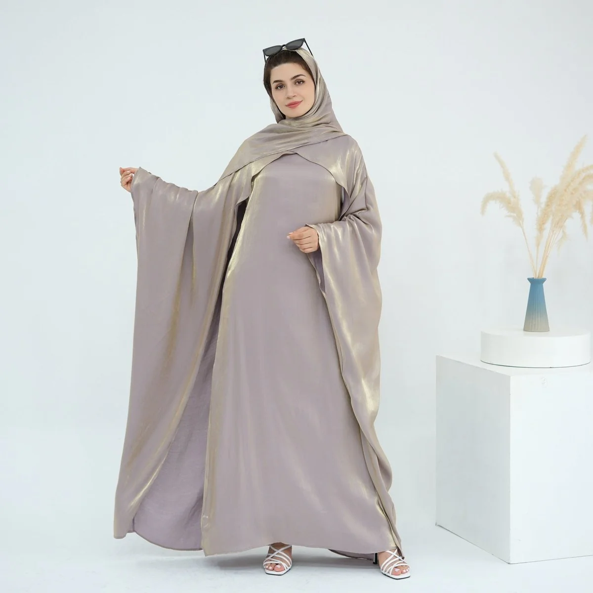 Elegant Shimmer Batwing Abaya Set with Hijab | Two-Piece Pullover Style Layered Look(MA315) - Image 26