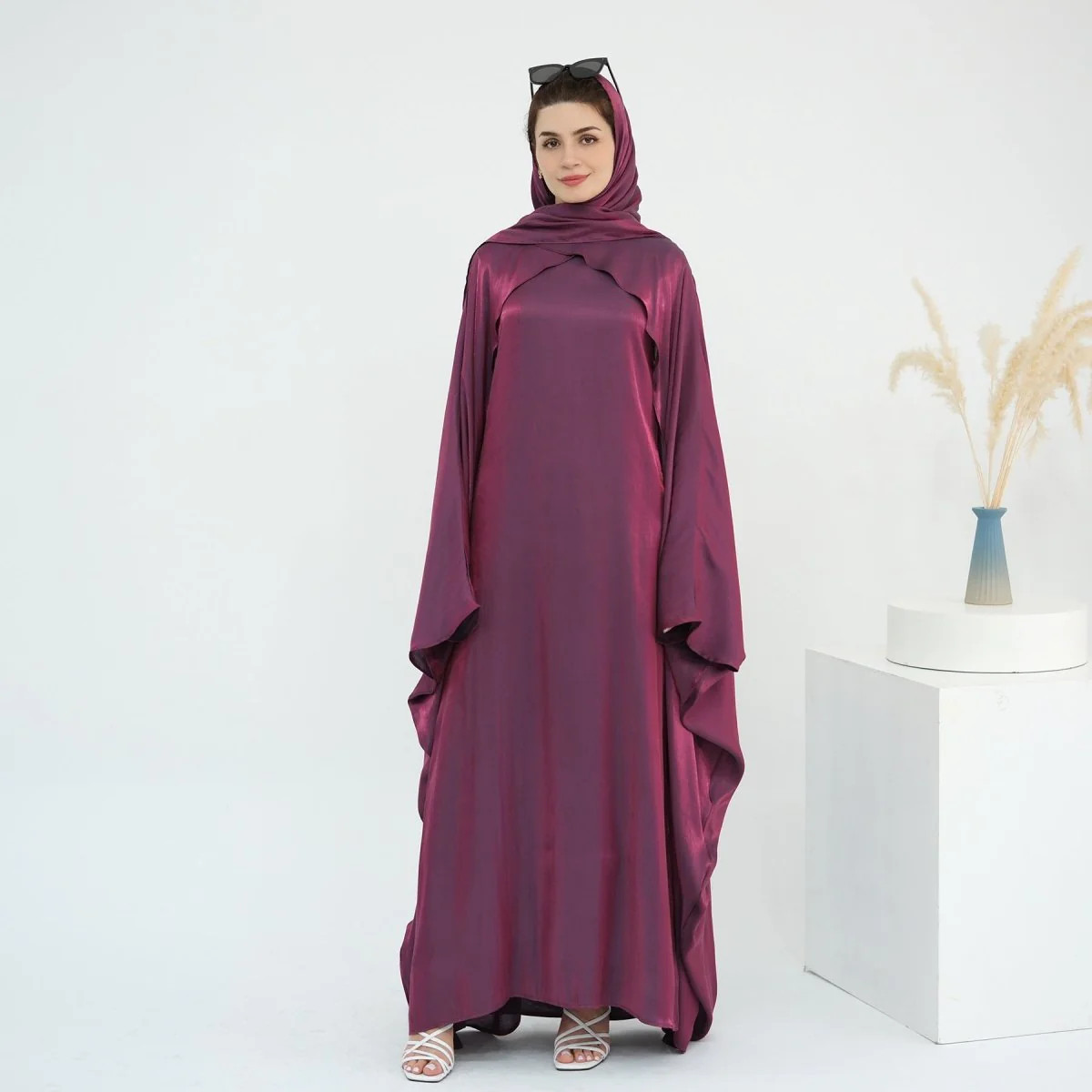 Elegant Shimmer Batwing Abaya Set with Hijab | Two-Piece Pullover Style Layered Look(MA315) - Image 27