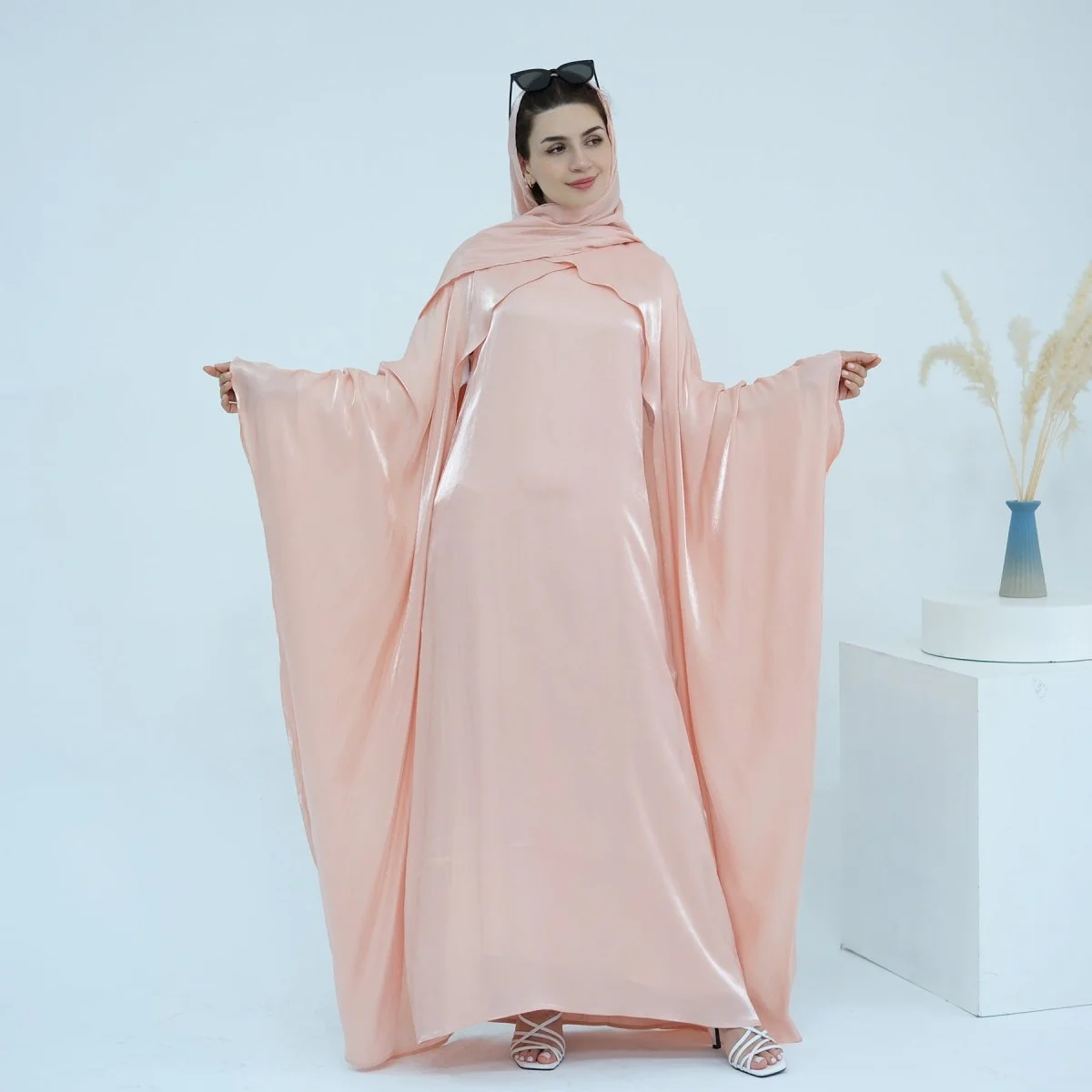 Elegant Shimmer Batwing Abaya Set with Hijab | Two-Piece Pullover Style Layered Look(MA315) - Image 28