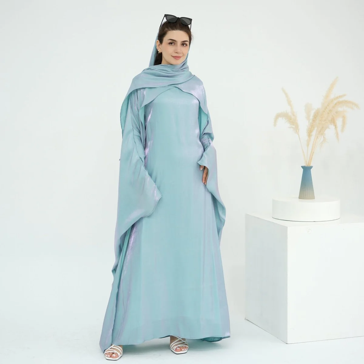 Elegant Shimmer Batwing Abaya Set with Hijab | Two-Piece Pullover Style Layered Look(MA315) - Image 29