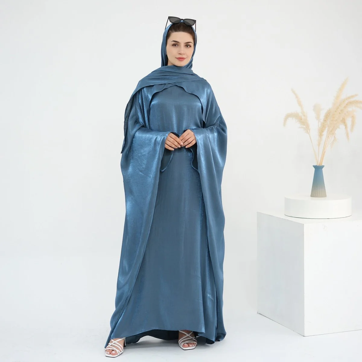Elegant Shimmer Batwing Abaya Set with Hijab | Two-Piece Pullover Style Layered Look(MA315) - Image 30