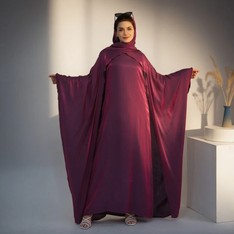 Elegant Shimmer Batwing Abaya Set with Hijab | Two-Piece Pullover Style Layered Look(MA315) - Image 6