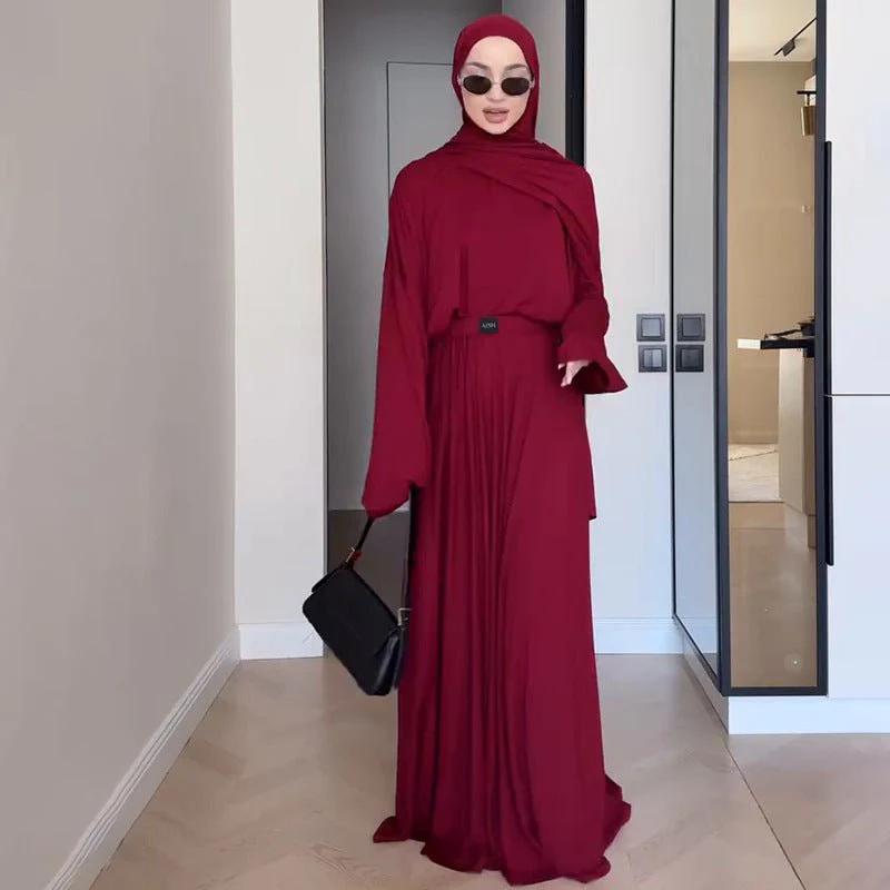 Elegant Solid Color Two-Piece Set | Side Slit Long Sleeve Top & Pleated Skirt(MS135) - Image 11