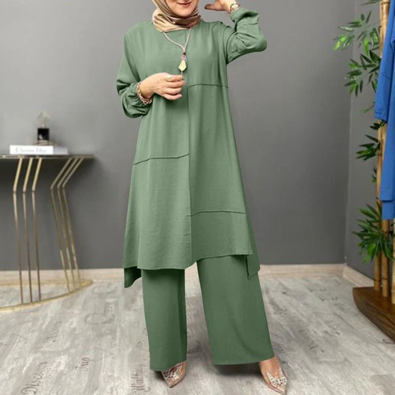 Elegant Sportswear Two-Piece Set | Modest Muslim Athleisure Bubble Sleeve Top & Wide Leg Pants (MS101) - Image 14