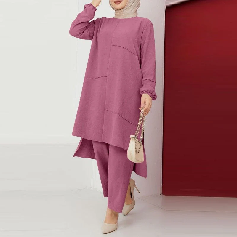 Elegant Sportswear Two-Piece Set | Modest Muslim Athleisure Bubble Sleeve Top & Wide Leg Pants (MS101) - Image 16
