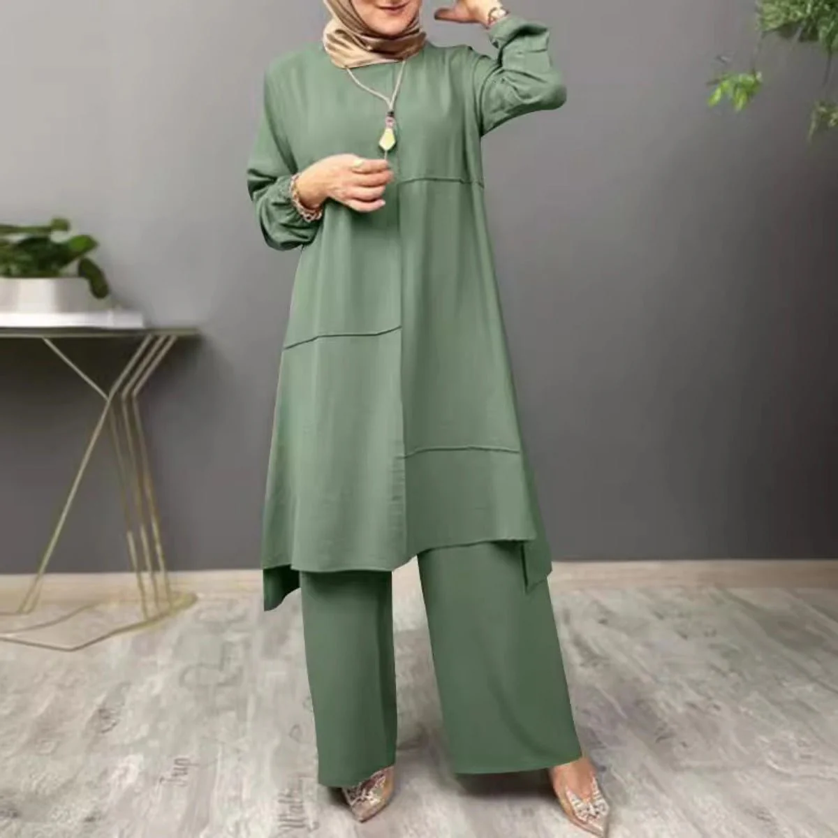 Elegant Sportswear Two-Piece Set | Modest Muslim Athleisure Bubble Sleeve Top & Wide Leg Pants (MS101) - Image 5