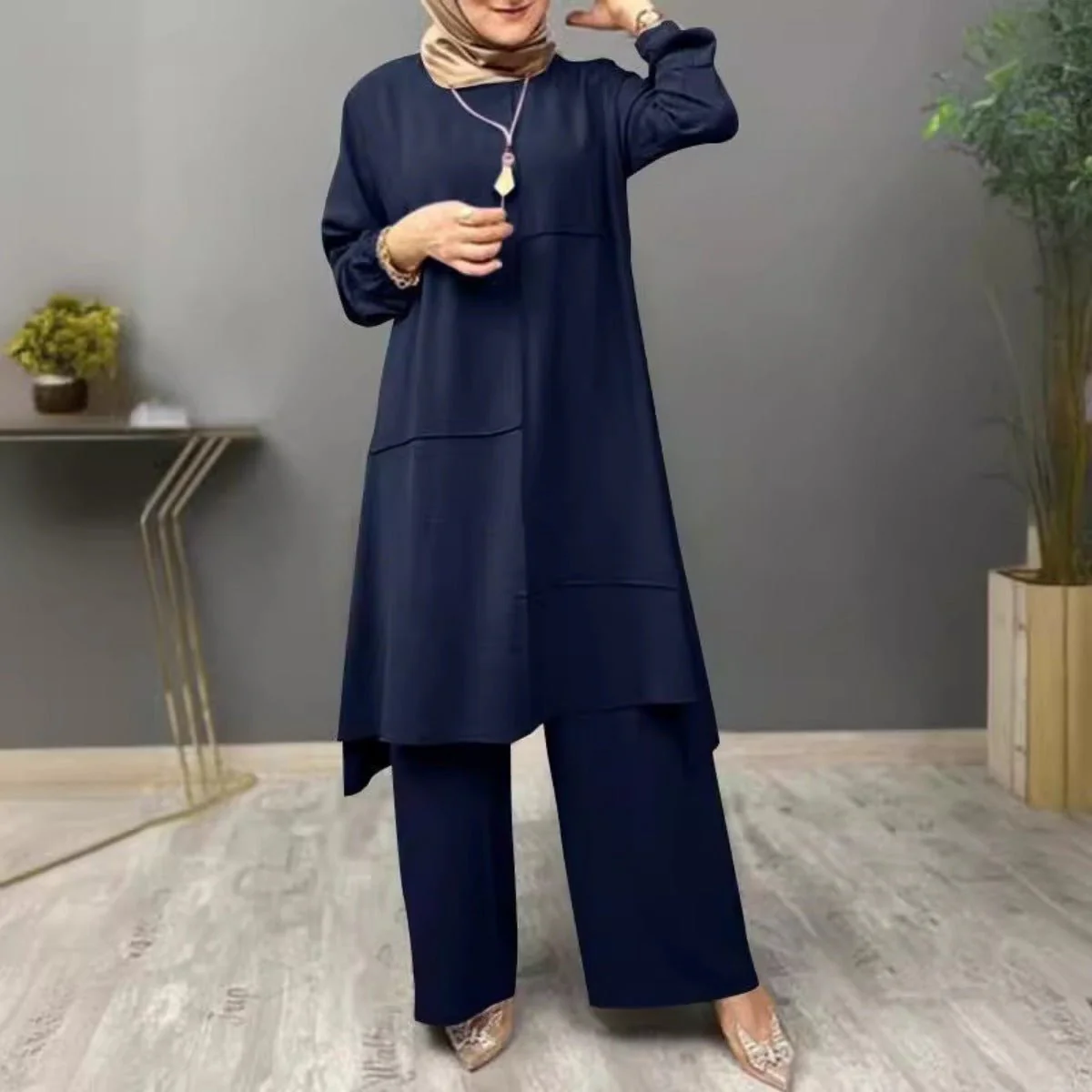 Elegant Sportswear Two-Piece Set | Modest Muslim Athleisure Bubble Sleeve Top & Wide Leg Pants (MS101) - Image 7