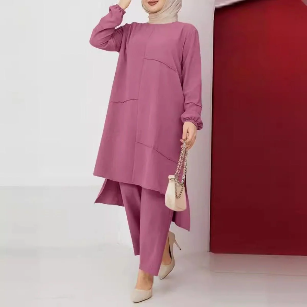 Elegant Sportswear Two-Piece Set | Modest Muslim Athleisure Bubble Sleeve Top & Wide Leg Pants (MS101) - Image 9