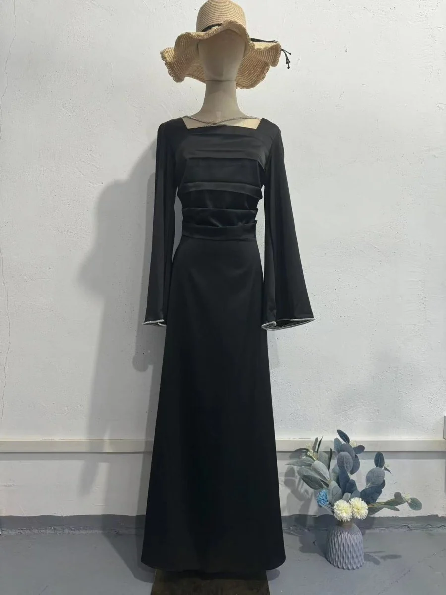 Elegant Square Neck Silk Satin Diamond Necklace Long Sleeve Gown with Flared Cuffs (MA225) - Image 10