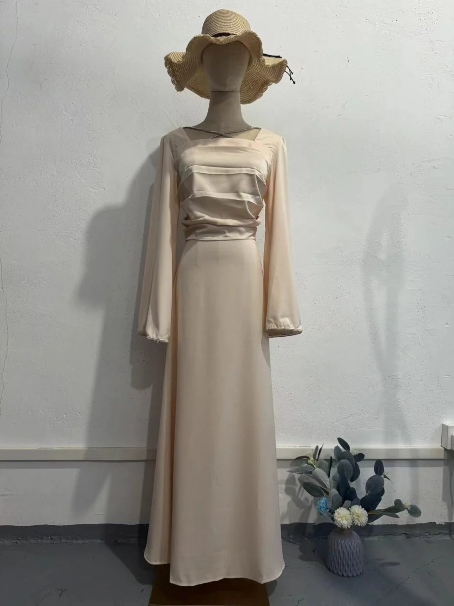 Elegant Square Neck Silk Satin Diamond Necklace Long Sleeve Gown with Flared Cuffs (MA225) - Image 11