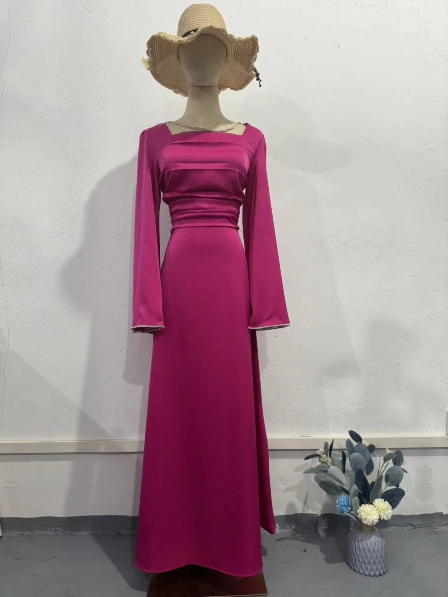 Elegant Square Neck Silk Satin Diamond Necklace Long Sleeve Gown with Flared Cuffs (MA225) - Image 12