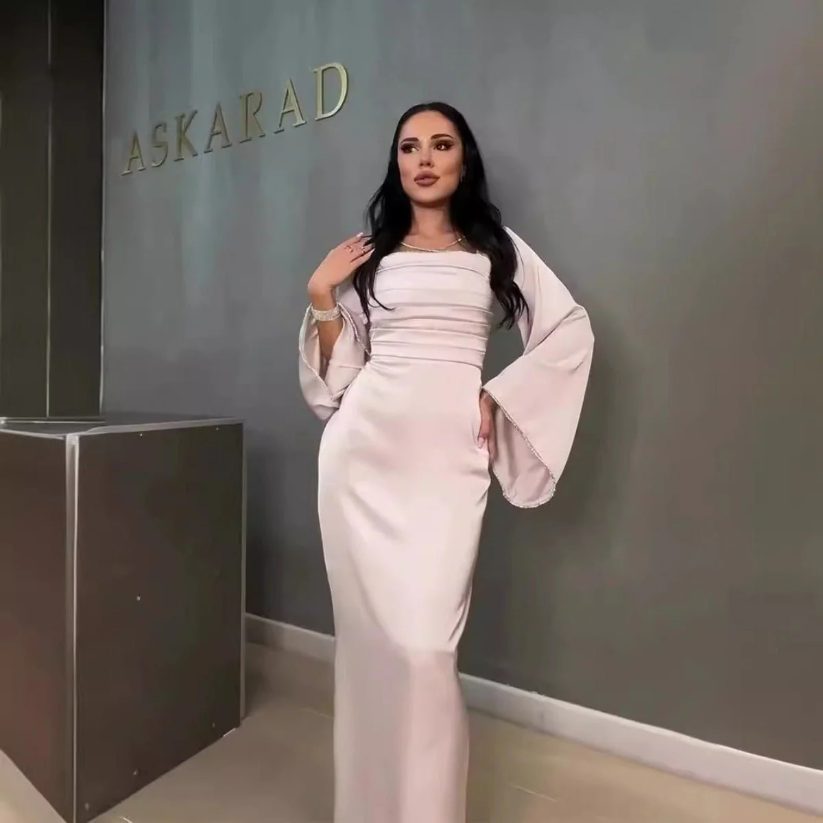 Elegant Square Neck Silk Satin Diamond Necklace Long Sleeve Gown with Flared Cuffs (MA225) - Image 2