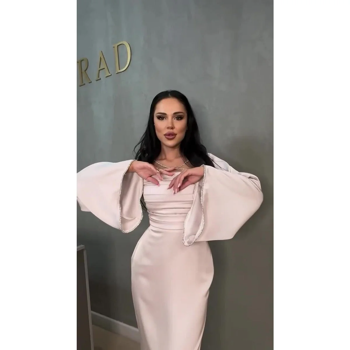 Elegant Square Neck Silk Satin Diamond Necklace Long Sleeve Gown with Flared Cuffs (MA225) - Image 3