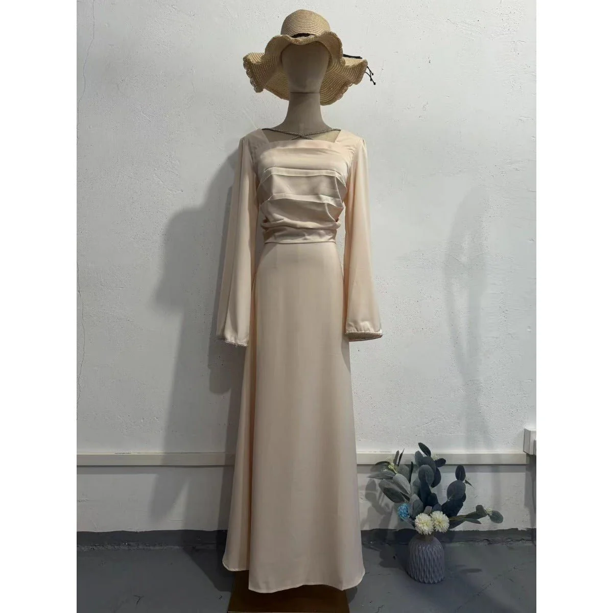 Elegant Square Neck Silk Satin Diamond Necklace Long Sleeve Gown with Flared Cuffs (MA225) - Image 4