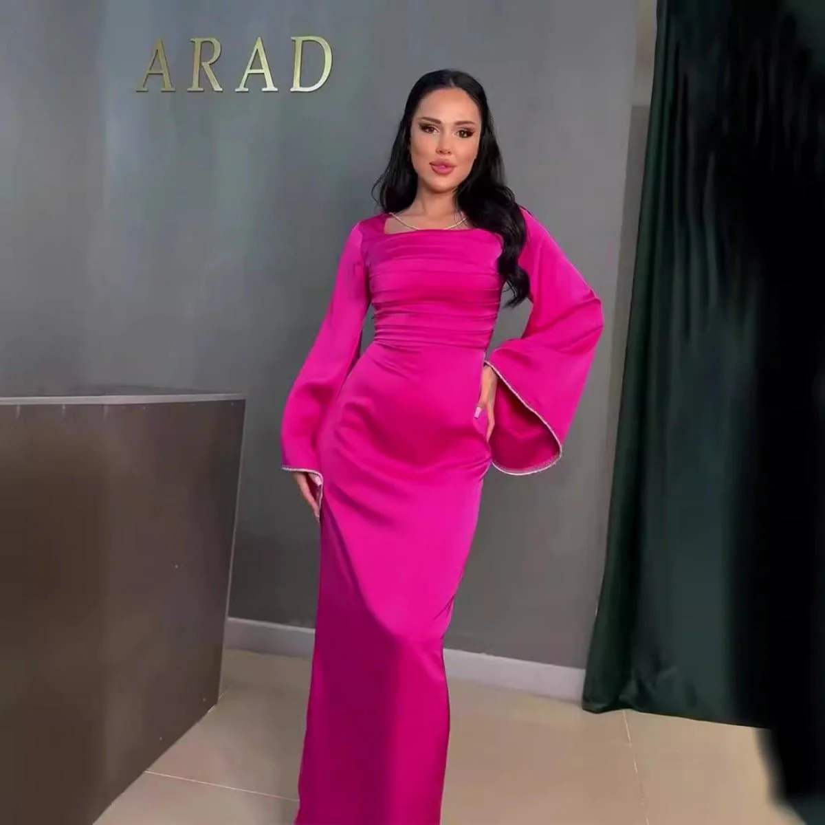 Elegant Square Neck Silk Satin Diamond Necklace Long Sleeve Gown with Flared Cuffs (MA225) - Image 5