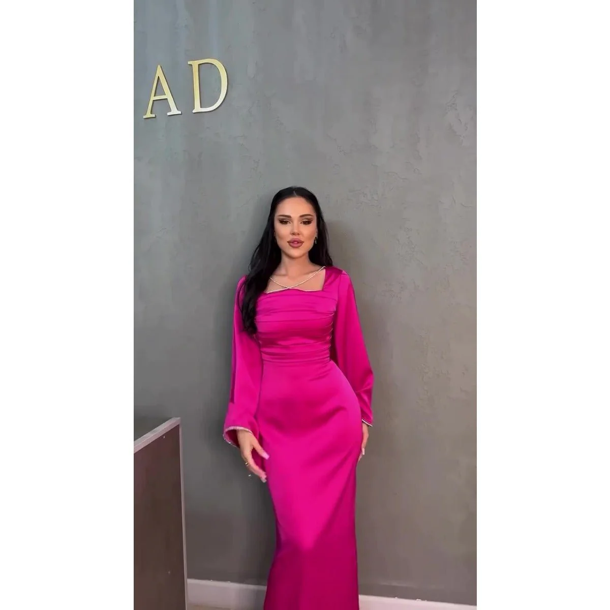Elegant Square Neck Silk Satin Diamond Necklace Long Sleeve Gown with Flared Cuffs (MA225) - Image 6