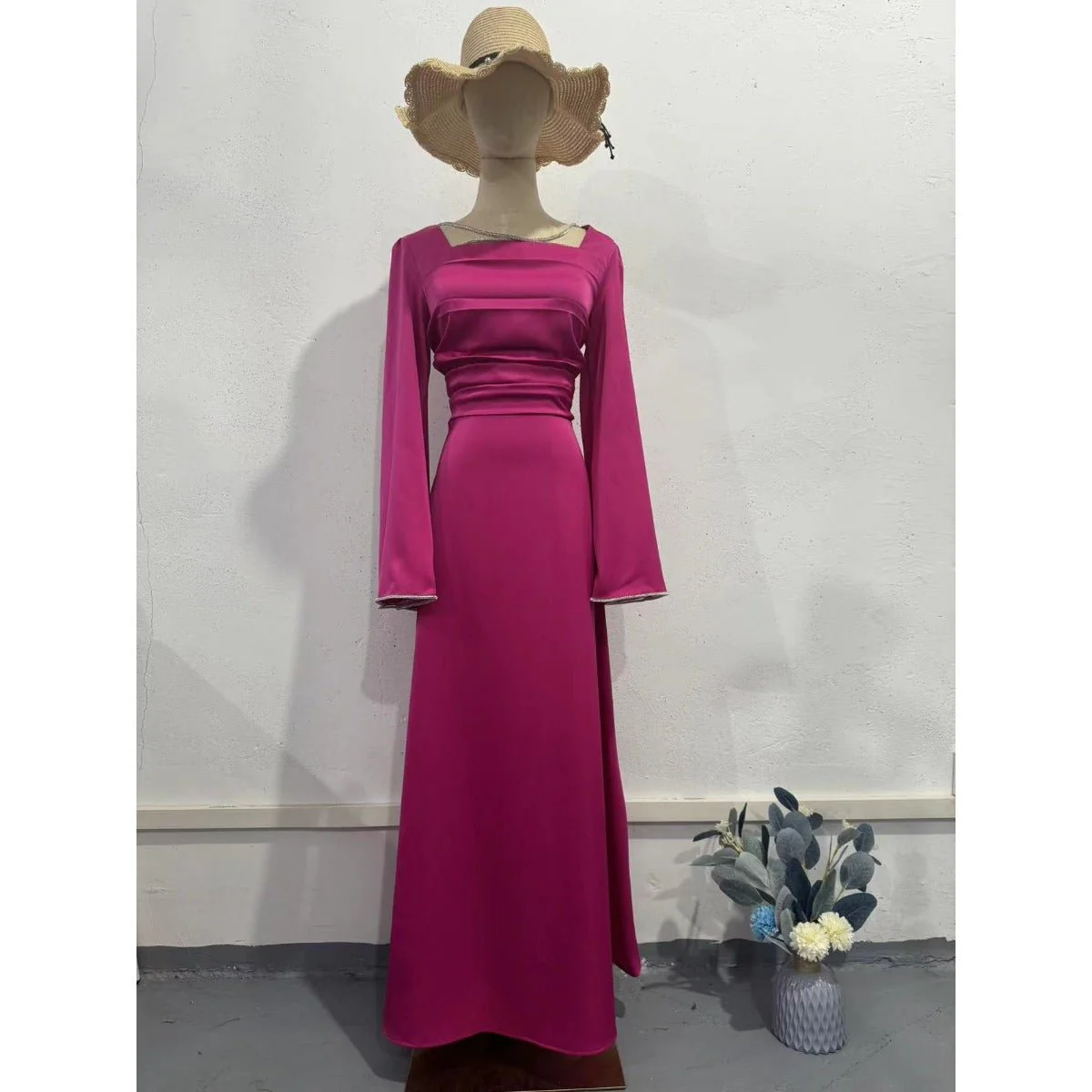 Elegant Square Neck Silk Satin Diamond Necklace Long Sleeve Gown with Flared Cuffs (MA225) - Image 7