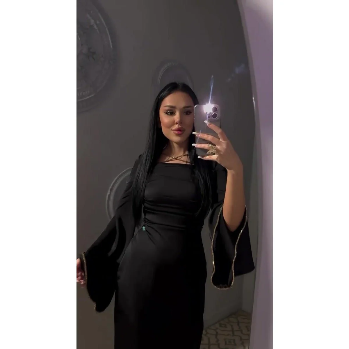 Elegant Square Neck Silk Satin Diamond Necklace Long Sleeve Gown with Flared Cuffs (MA225) - Image 9