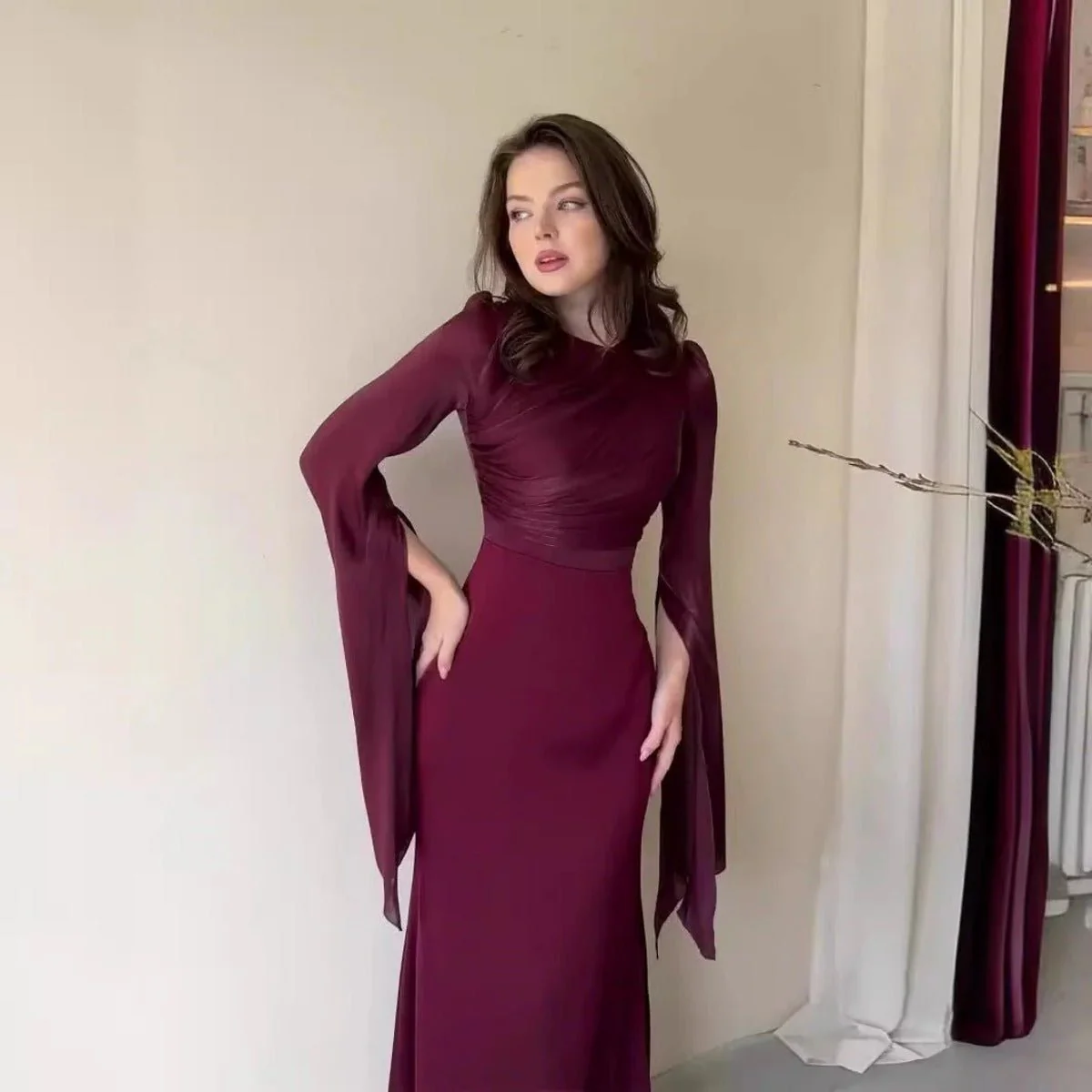 Elegant Summer Satin Slim Dress with Glass Yarn Pendulum Sleeves (MA161) - Image 3